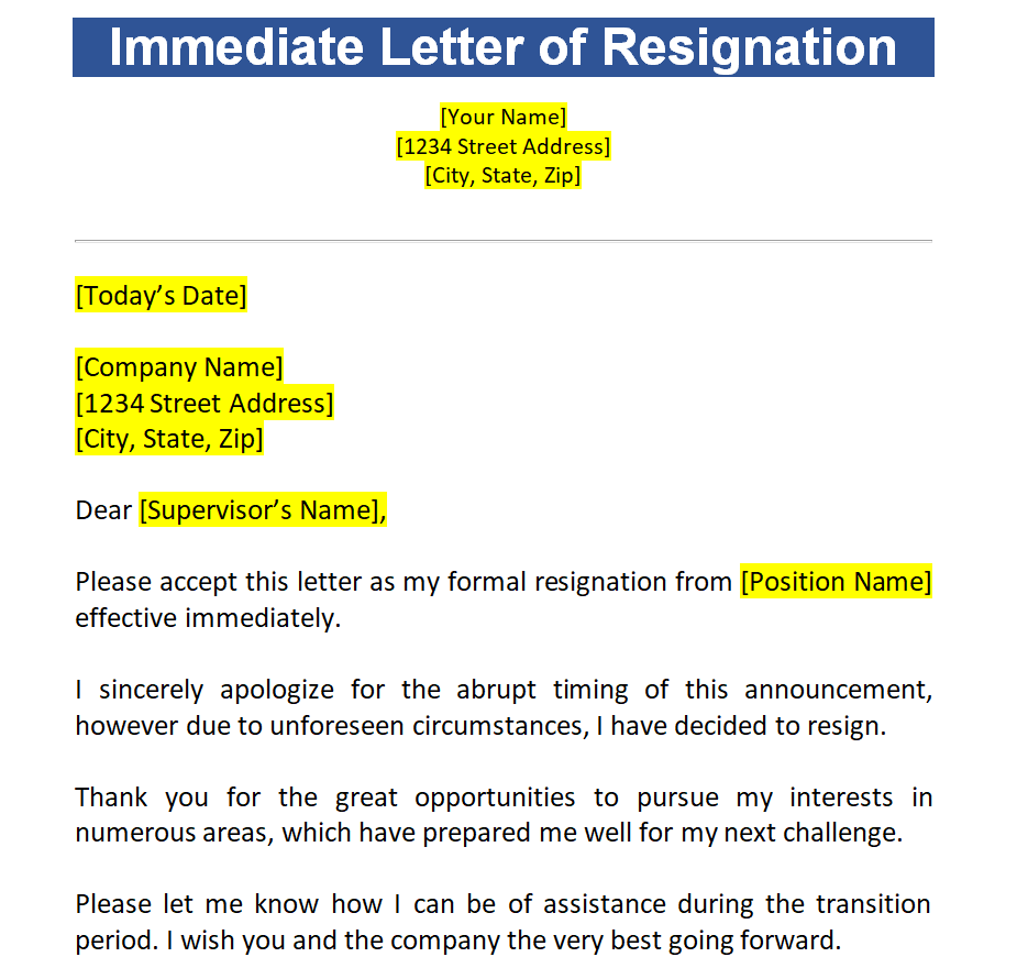 Practical Immediate Resignation Letter Samples Doc Templates Show