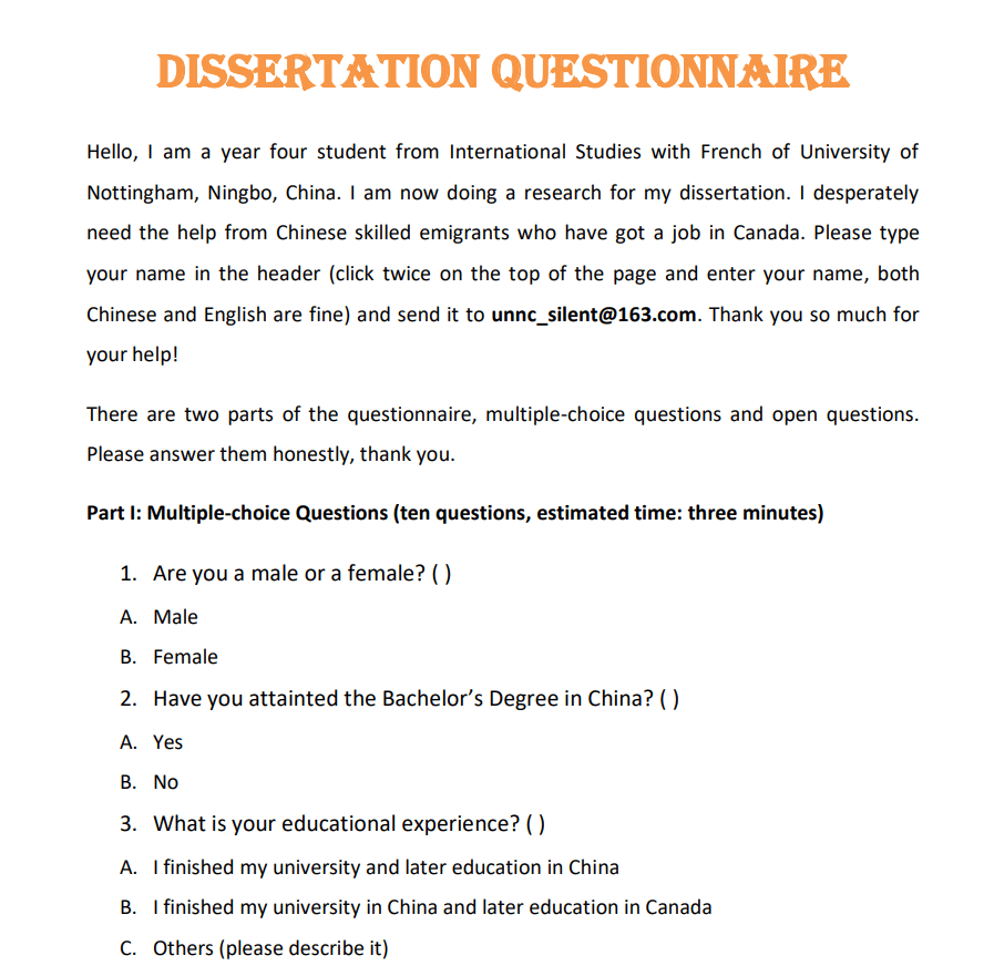 dissertation examples questionnaire
