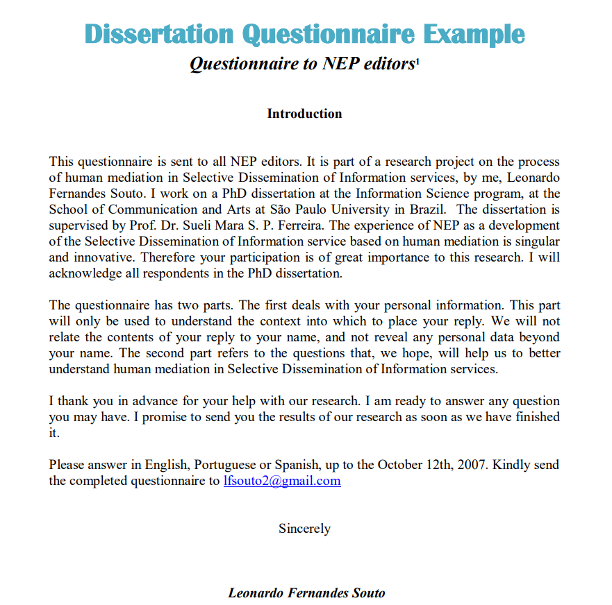 questionnaire dissertation examples