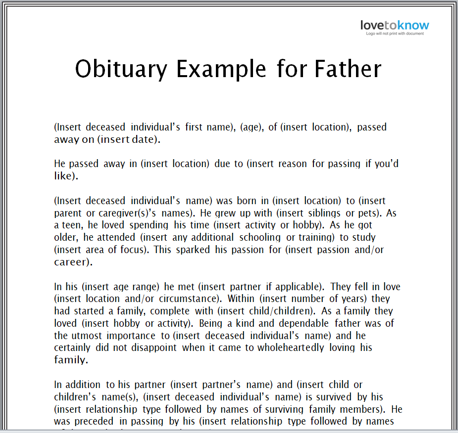 4+ Customizable Father Obituary Examples In MS WORD - Templates Show