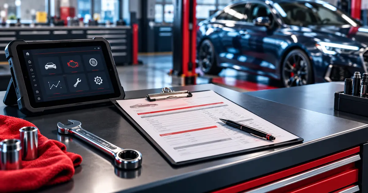 Auto repair invoice with diagnostic equipment, wrench and modern car