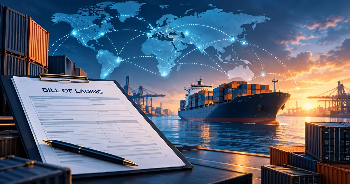 Bill of lading document with cargo ship and shipping containers