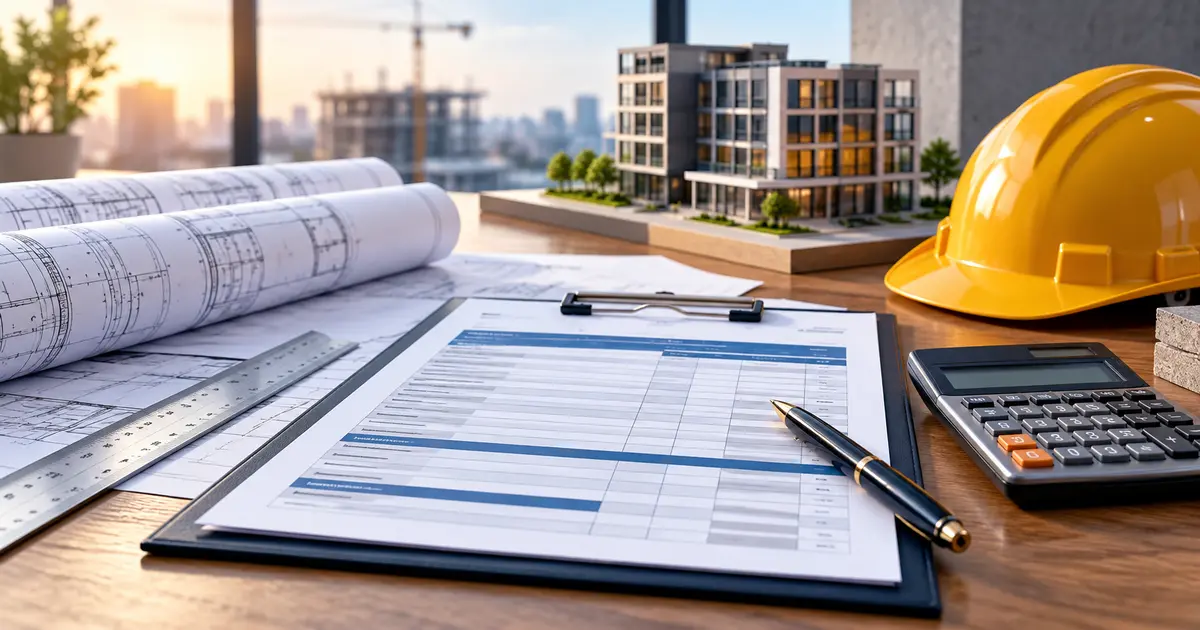 Professional construction bid form templates with blueprints, calculator and hard hat