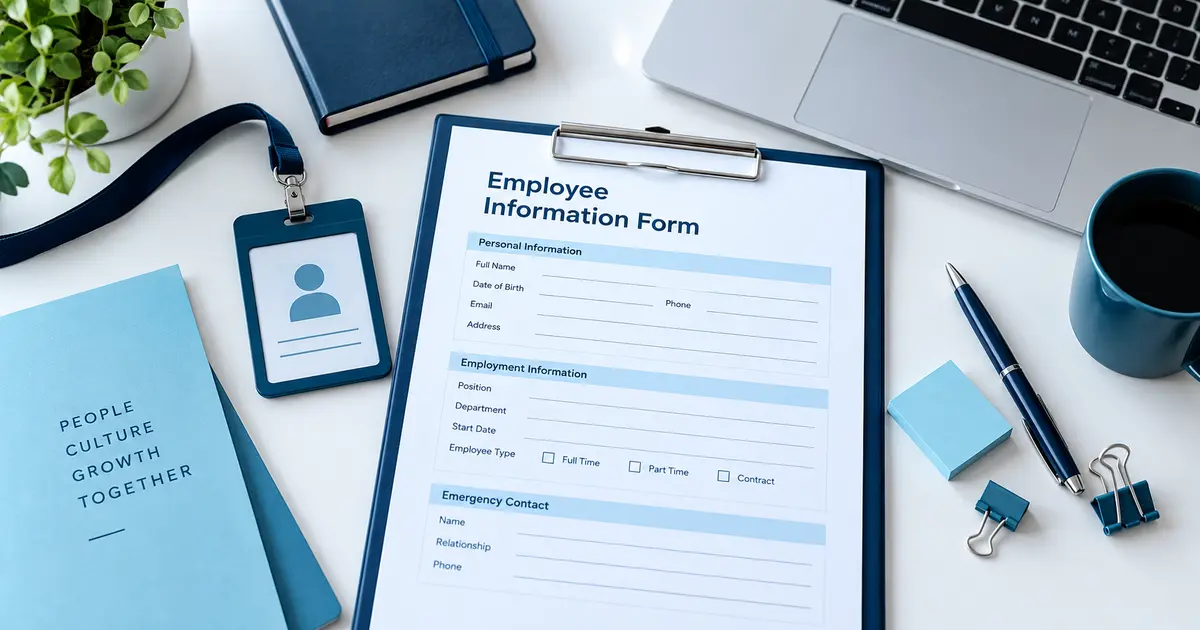Employee information form with ID badge and onboarding workspace