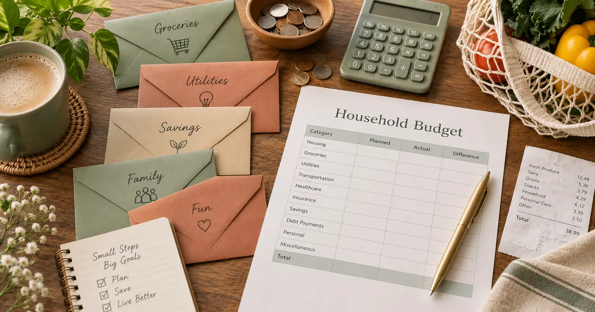 Household budget worksheet with calculator, envelopes and coins