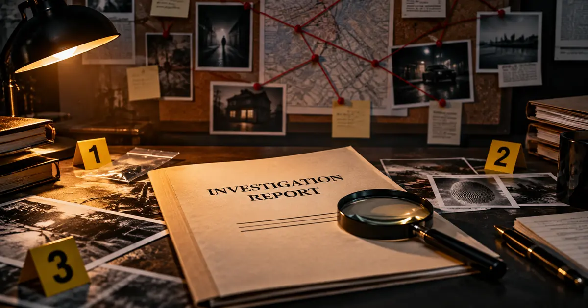 Investigation report with magnifying glass, evidence markers and clue board