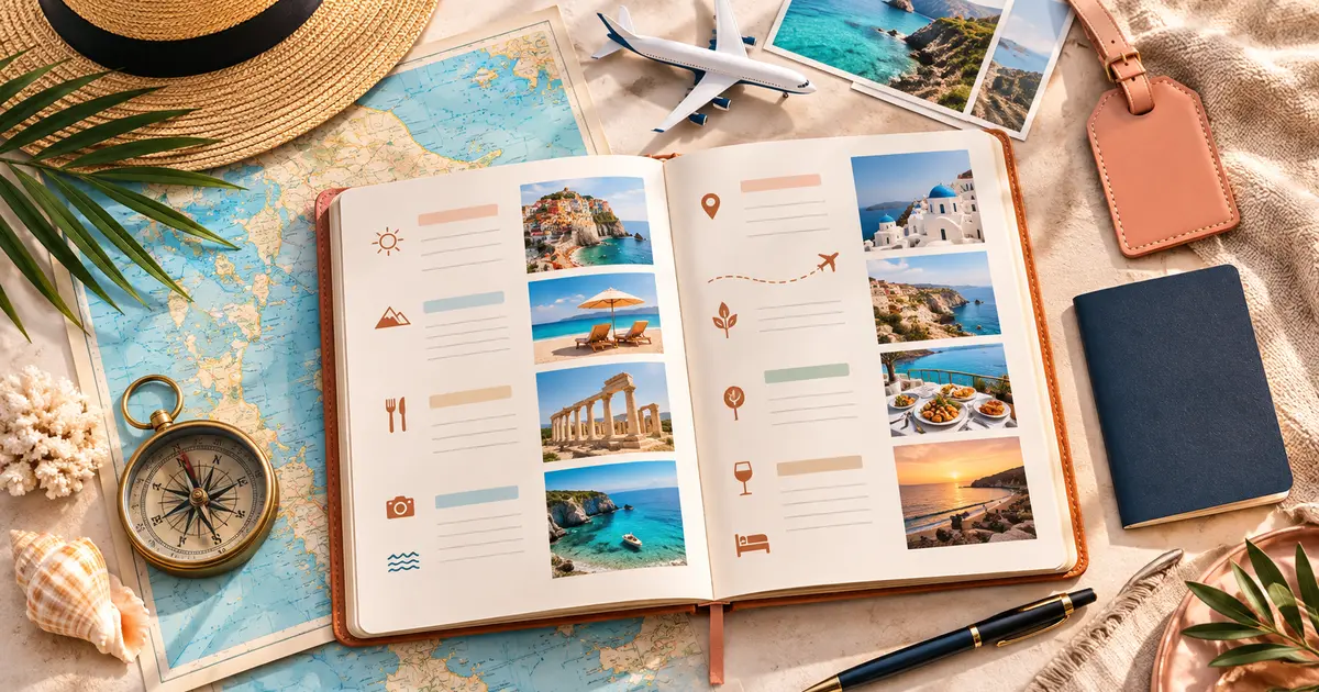 Travel itinerary planner with map, compass, luggage tag and airplane