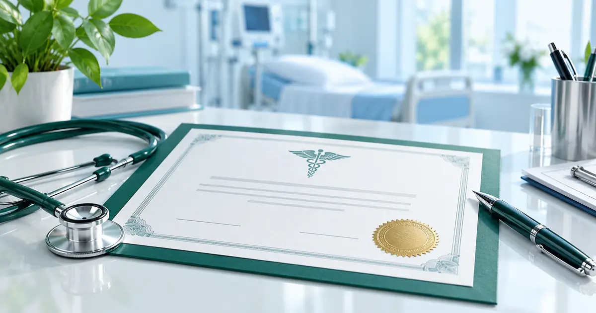 Professional medical certificate with stethoscope, pen and clinical workspace