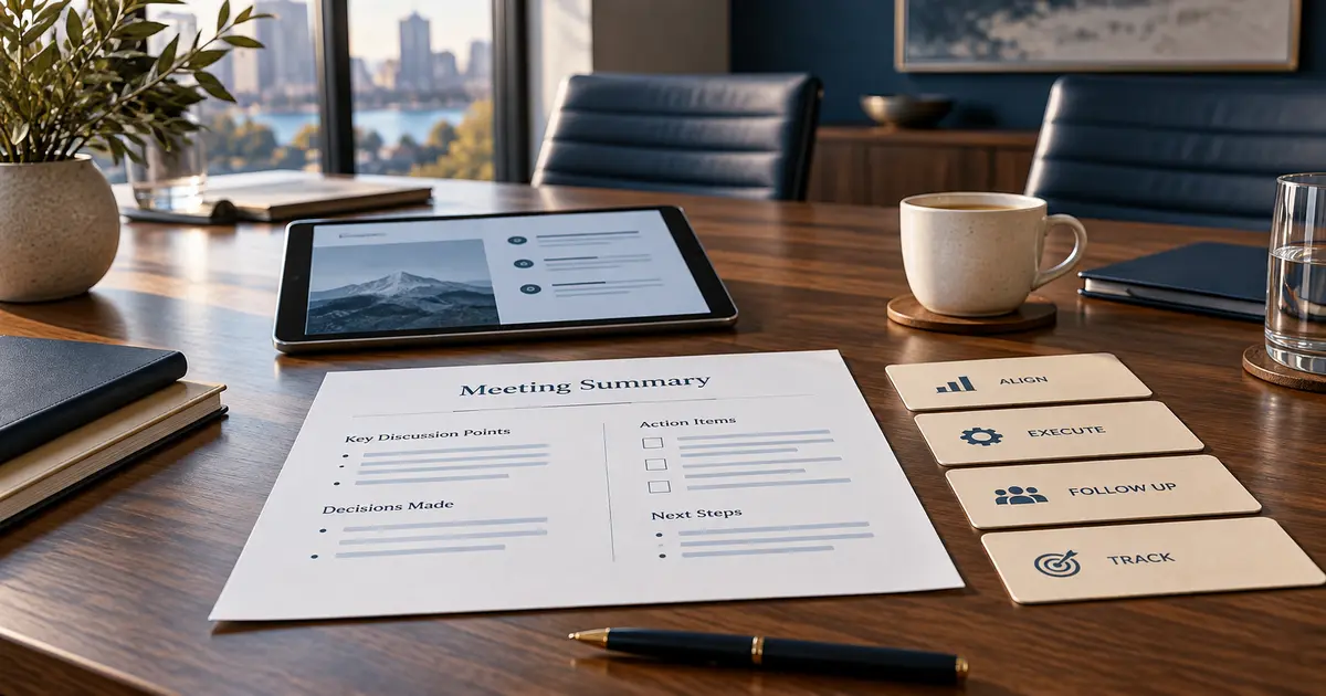 Professional meeting summary with action items, tablet and notes