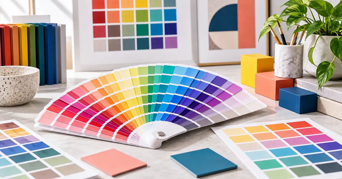 Color chart with vibrant swatches, paint chips and design palette