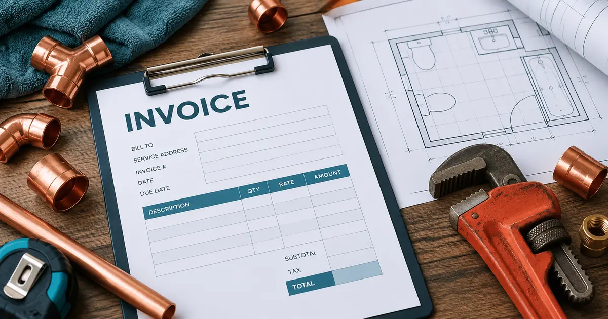 Plumbing invoice with pipe wrench, copper fittings and blueprint
