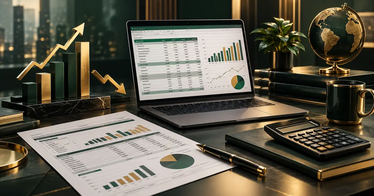 Professional profit and loss spreadsheet workspace with calculator and financial charts