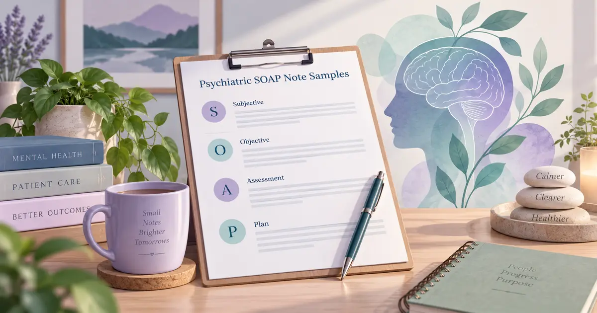 Psychiatric SOAP note with calm behavioral health documentation concept