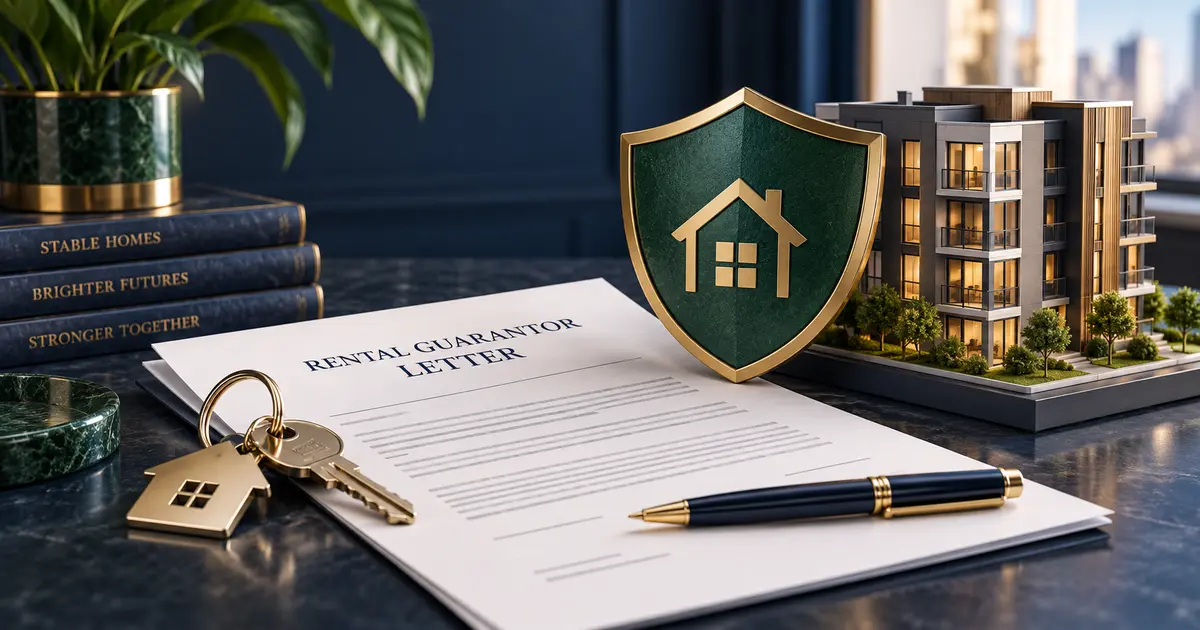 Rental guarantor letter with house keys, shield and apartment model