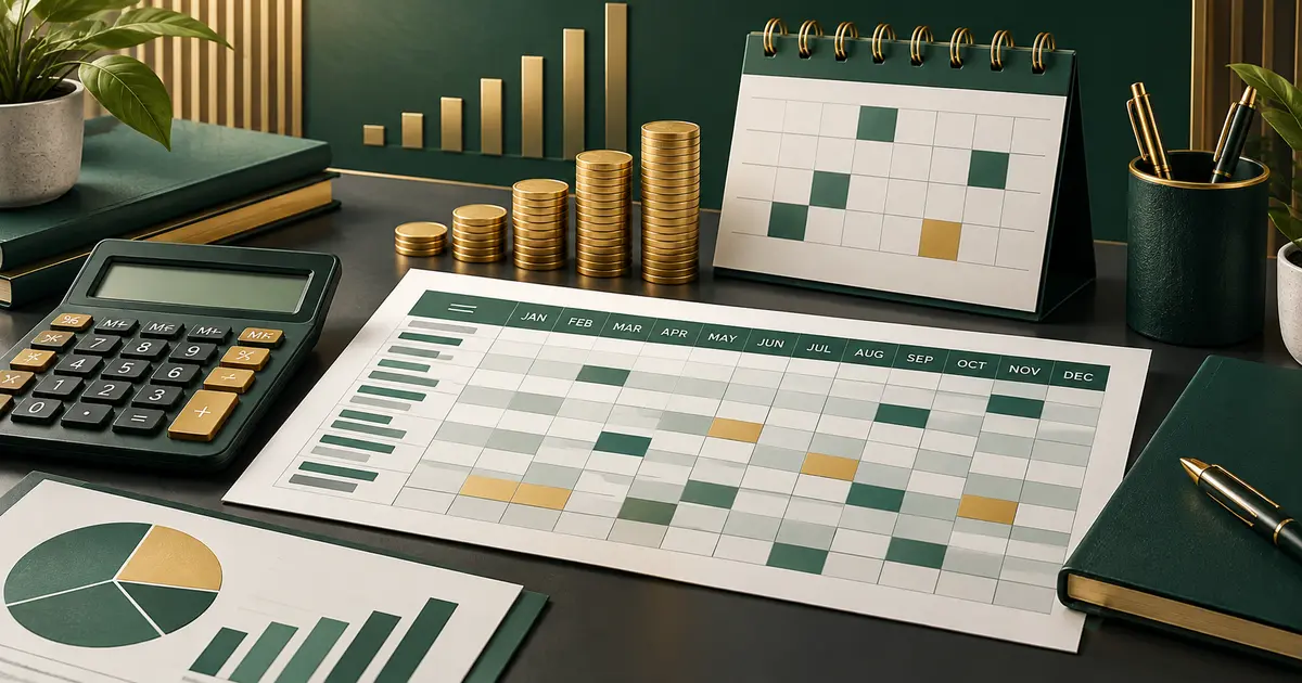 Salary schedule with payroll calendar, calculator and coin stacks