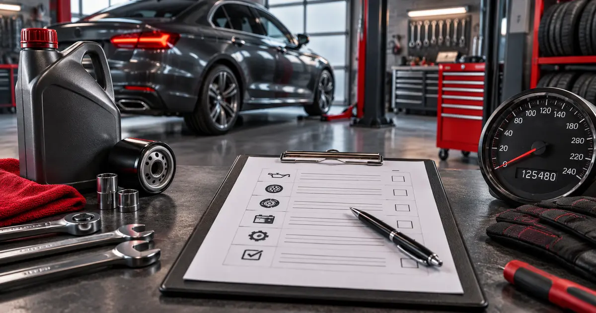 Vehicle maintenance log with service tools and automotive checklist