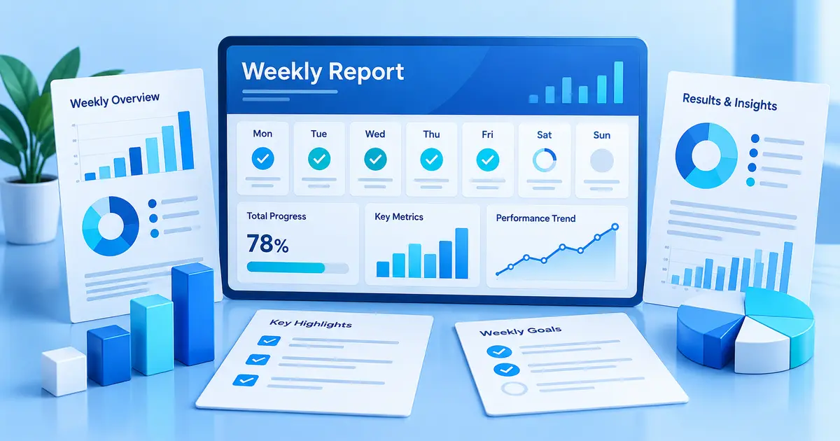 Weekly report dashboard with charts, progress markers and seven-day plan