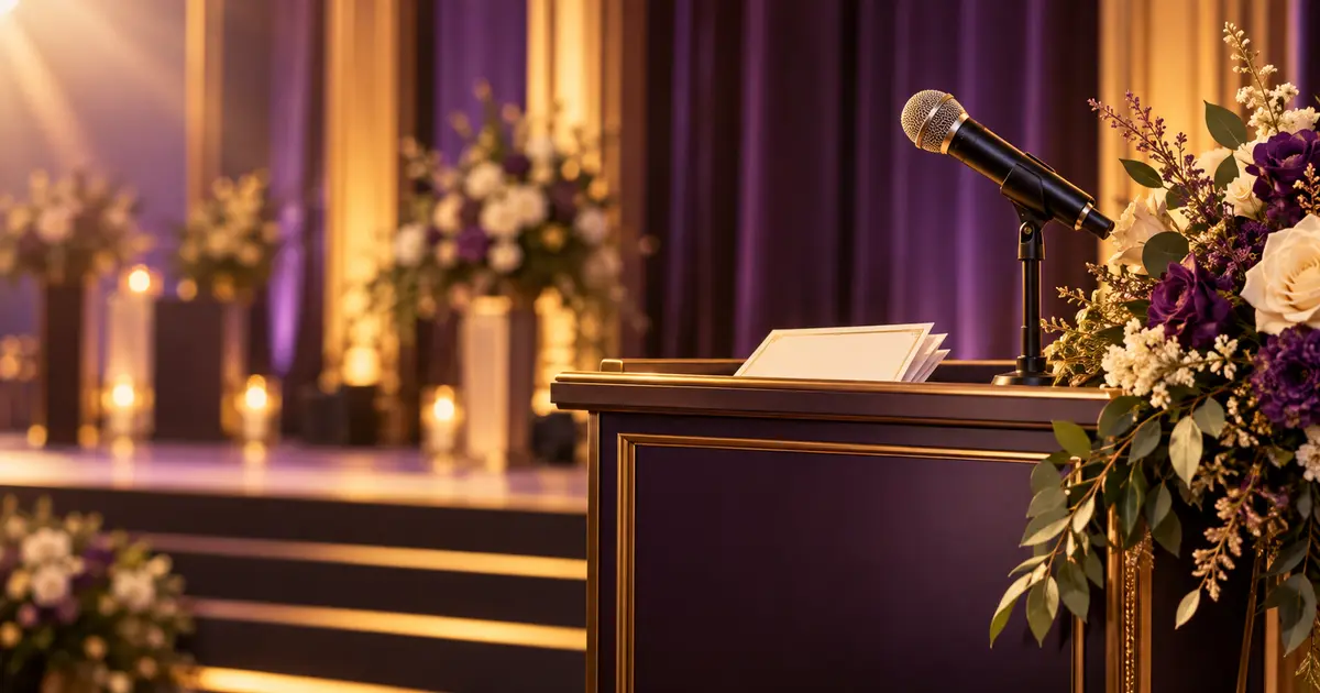 Welcome speech cue cards with microphone and elegant event stage